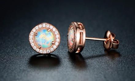 White Fire Opal Round Stud Earrings in 18K Rose Gold Plating By Peermont