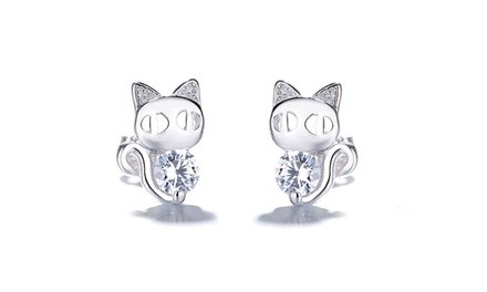 Sterling Silver Cat Earrings Made with Swarovski Crystals
