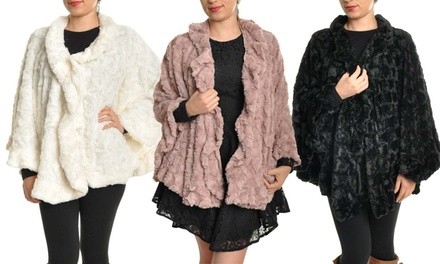 Women's Oversized Faux-Fur Poncho with Hook-and-Eye Neck Closure