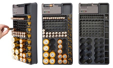 Mountable 98-Battery Organizer with Removable Tester (Holds AA, AAA, C, D, and 9V Batteries)