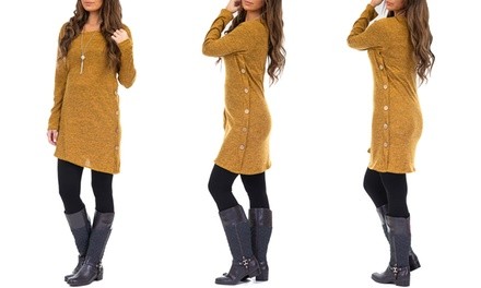 Women's Asymmetrical Hem Hacci Tunic with Fashion Buttons. Plus Sizes Available.