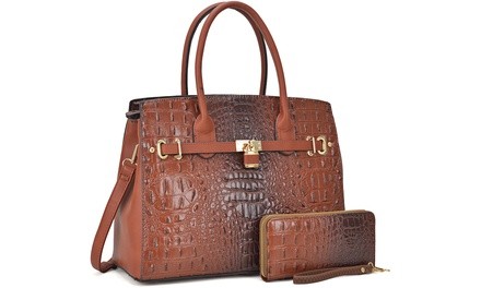 DS Collection Ostrich Leather Satchel Handbag with Wallet