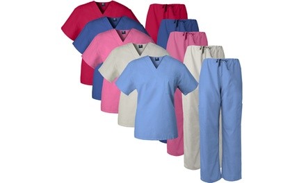 Medgear Unisex Chest Pocket Top and Cargo Drawstring Pants Scrub Set 