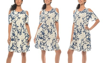 Printed Three-Quarter Sleeve Cold Shoulder Dress. Plus Sizes Available.