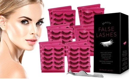False Eyelashes Pack with Tweezers (60 Pairs)