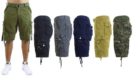 Men's Slim-Fit Distressed Cotton Belted Cargo Shorts