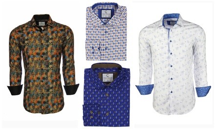 Suslo Couture Men's Long-Sleeve Print Semi-Slim Fit Button-Down Shirt. Extended Sizes Available.