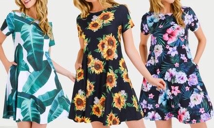 Style Clad Women's Printed Flare Dress with Pockets. Plus Sizes Available.