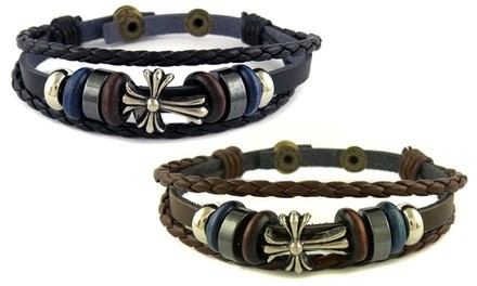 Men's Genuine Leather Triple Row Sideways Cross Bracelet