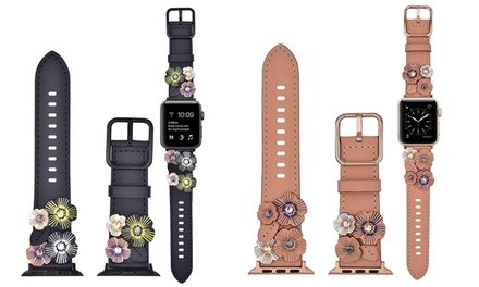 Genuine-Leather Floral-Rivets Applique for Apple Watch Series 1, 2, 3, and 4