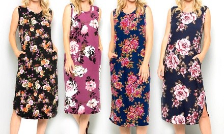 Acting Pro Floral Pocket Sleeveless Midi Dress. Plus Sizes Available.