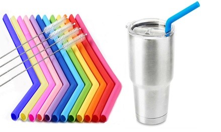 Silicone Reusable Drinking Straws with Cleaning Brush (10- or 20-Piece) 