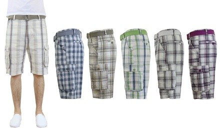 Galaxy By Harvic Men's Slim-Fit Belted Plaid Cotton Cargo Shorts (30-40)
