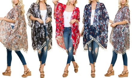 Women's One-Size Butterfly & Floral Print Tassel-Trim Kimono