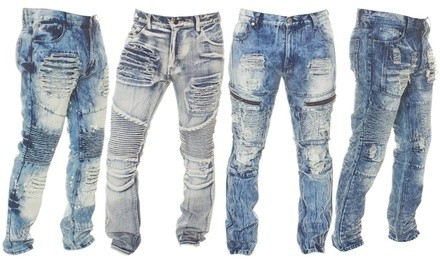 GS-115 Men's 5-Pocket Relaxed Fit Distressed Moto Jeans (32-42)