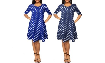 Women's 3/4-Sleeve Polka Dot T-Shirt Dress with Side Pockets. Plus Sizes Available.