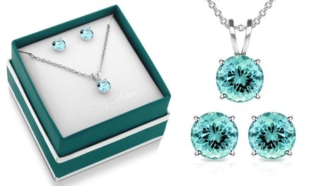 3 CTW Sterling Silver Created Aquamarine Necklace and Earring Set in a Box By MUIBLU Gems