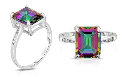 4.00 CTTW Genuine Rainbow Topaz Emerald Cut Sterling Silver Ring by Valencia Gems