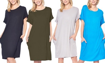 Isaac Liev Women's Cuffed Sleeve T-Shirt Dress with Pockets. Plus Sizes Available