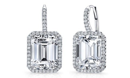 Emerald Cut Swarovski Crystals Halo Leverback Earrings by Mina Bloom