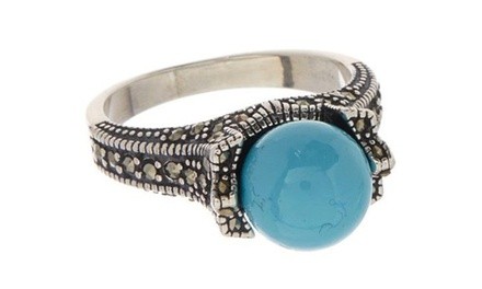 Sterling Silver Genuine Marcasite and Turquoise Ring by Valencia Gems