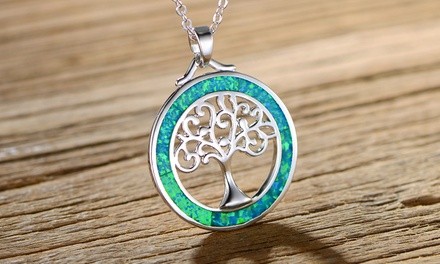 Green Jelly Opal Tree Of Life Pendant Necklace by Peermont