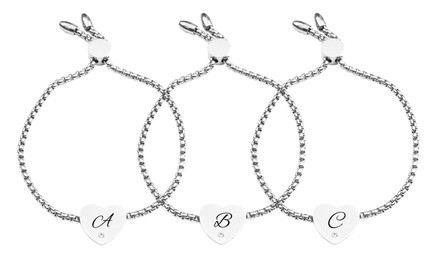 Stainless Steel Initial Slider Bracelet with Cubic Zirconia Accent by Pink Box