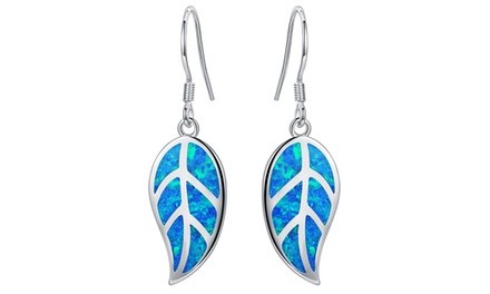 Blue Jelly Opal Inlay Leaf Drop Earrings by Gembassy