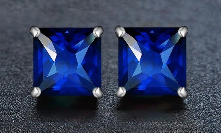 2.00 CTTW Sapphire Princess Cut Sterling Silver Studs by Valencia Gems