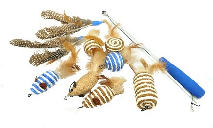 Cat Toy Set with Wand, Feathers, and Optional Sisal Toys (3- or 10-Piece)