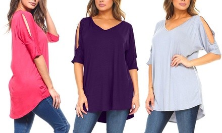 Isaac Liev Women's V-Neck Shoulder Tunic. Plus Sizes Available 