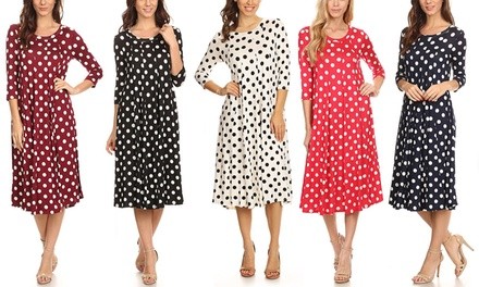 MOA Collection Women's Large Polka-Dot Print 3/4 Sleeve A-Line Midi Dress. Plus Sizes Available.