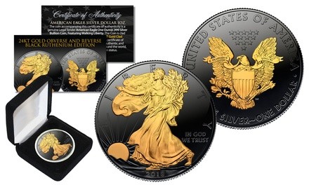 2018 Black Ruthenium 0.999 Silver American Eagle Coin 24K Gold with Box