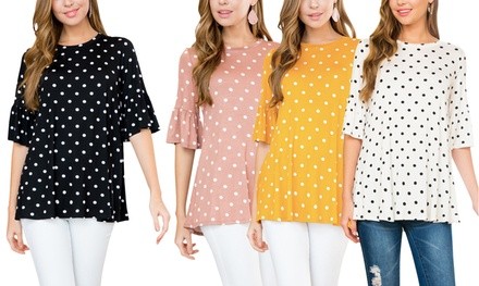 Riah Fashion Women's Polka Dot Bell Sleeve Top