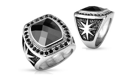 Black Onyx CZ Stainless Steel Ring with Starburst Design