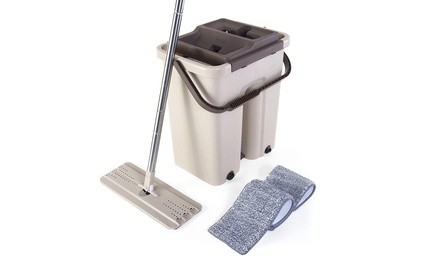 Kitchen Plus Home Flat Mop Bucket with Ringer and 2 Reusable Microfiber Mop Pads