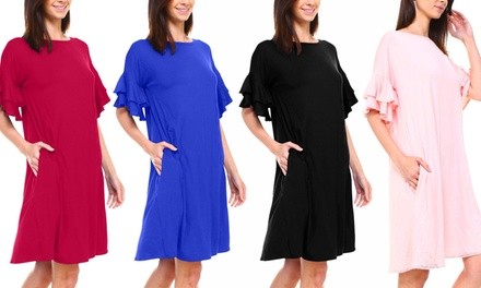 Isaac Liev Women's Ruffle Sleeve Midi Tunic Dress with Pockets. Plus Sizes Available.