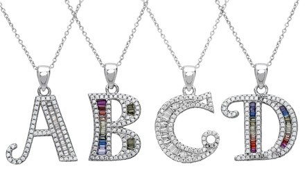 Lexi Li Baguette and Round Cut Crystal Initial Pendant in Sterling Silver (Multiple Options)