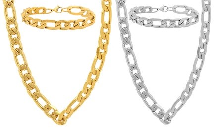 Men's Stainless Steel Figaro or Cuban Link Bracelet and Necklace Set