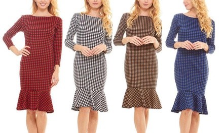 Women's 3/4 Sleeve Houndstooth Knee Length Dress. Plus Sizes Available.