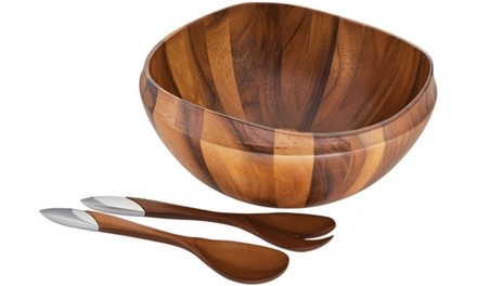 Savora Acacia Wood Salad Bowl and Stainless Steel Tipped Server Set (3-Pack)