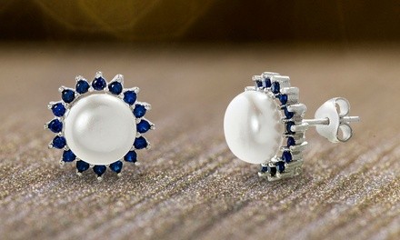 Nina & Grace Freshwater Pearl & Simulated Sapphire Earrings in Sterling Silver