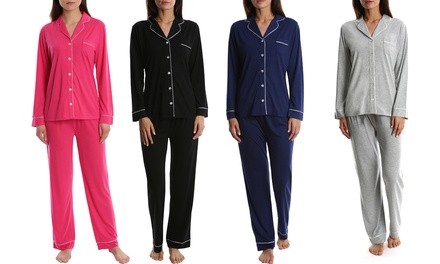 Women's Long-Sleeve Button-Down Soft Pajama Set with Pants (2-Piece)