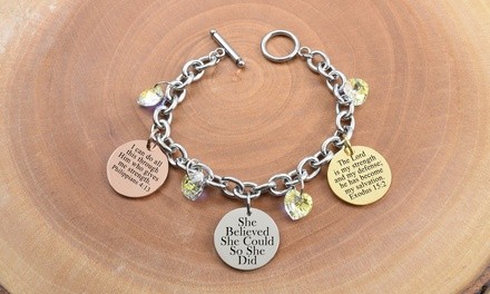 Tri-Tone Inspirational Charm Link Bracelet Made with Swarovski by Pink Box