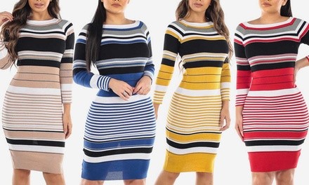 Fashion305 Women's Rib Knit Midi Bodycon Sweater Dress