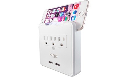 3-Outlet Dual-USB Wall Tap with Built-in Phone or Tablet Stand