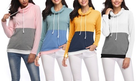 Women's Colorblock Fashion Cowl Neck Top with Thumb Holes