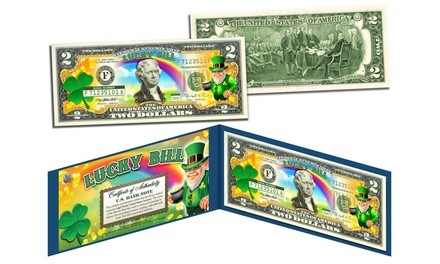 St. Patrick's Day Leprechaun 4-Leaf Clover U.S. 2-Dollar Lucky Bill