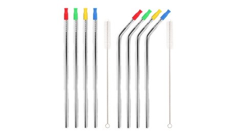 Stainless Steel Straight or Curved Straws with Silicone Tips (4- or 8-Pack)