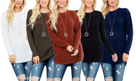 Riah Fashion Women's Hi-Low Round Neck Waffle Sweater. Plus Sizes Available.